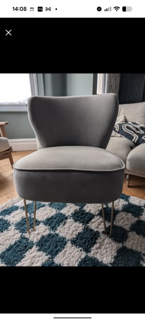 Grey Velvet Style Modern Cocktail / Accent / Scandi Style Hairpin Chair RRP £180