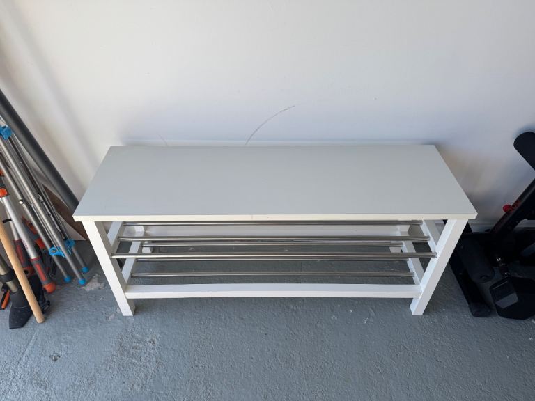 IKEA Shoe Rack, White Wooden Shoe Storage Bench with Metal Racks