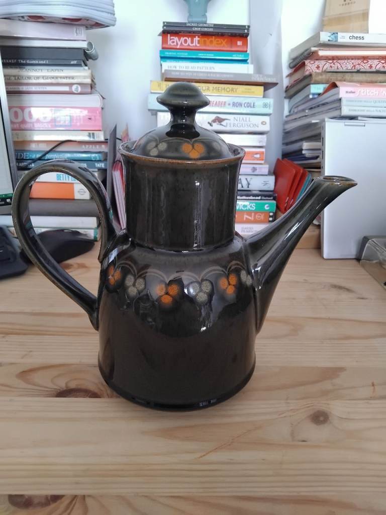 Denby Ceramic Coffee Pot - Dark Green with Orange Floral Design