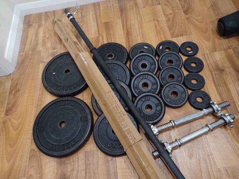YB CAST IRON WEIGHTS PLATES SET & DUMBBELLS & 6FT BARBELL