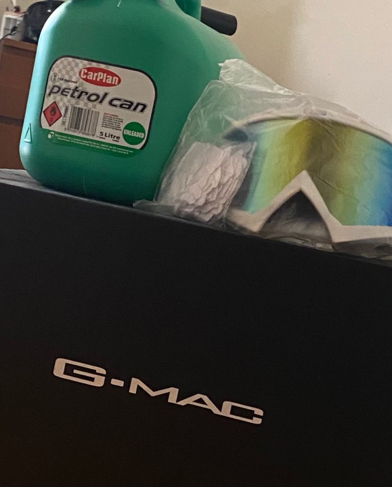 Motorbike helmet goggles fuel can