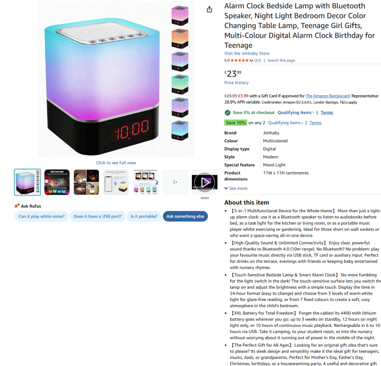New Bluetooth Speaker Alarm Clock & Night Light - Half Price