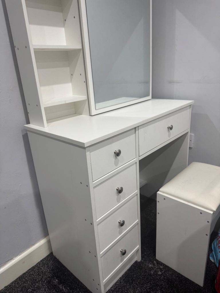 White Dressing Table with Mirror, Shelves and Stool