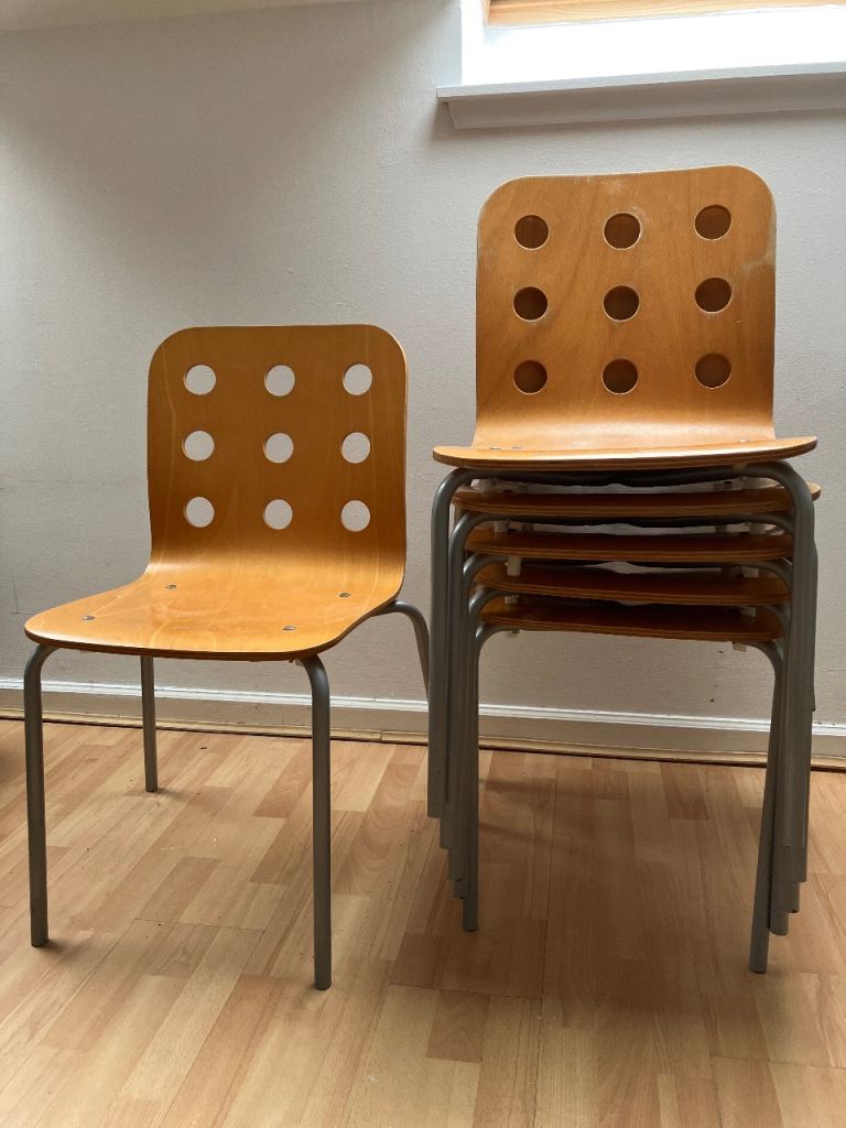 Set of 6 Wooden Stacking Chairs – Good Condition