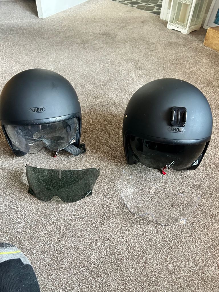 Shoei motorcycle helmets x2 matching with tinted and standard pull down visor 