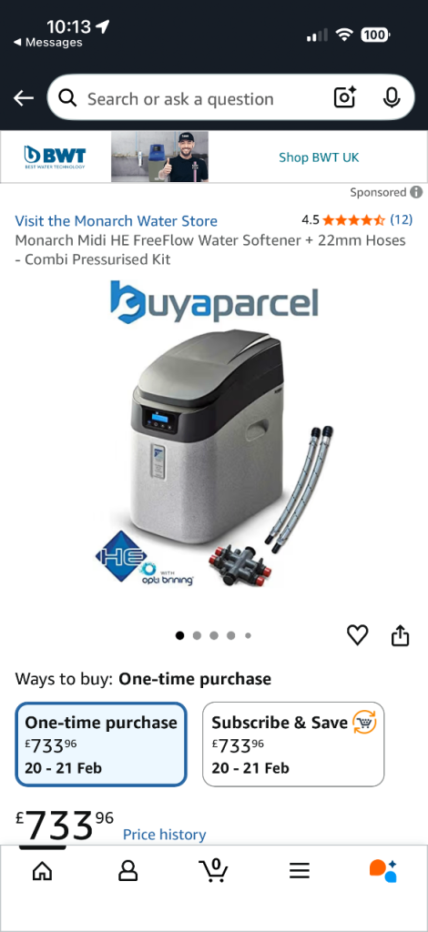 Used Monarch Midi HE FreeFlow Water Softener + 22mm Hoses- combo pressured kit