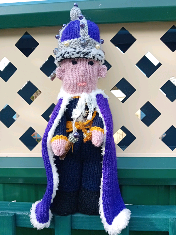 King Charles III handmade knitted doll in coronation outfit doll.