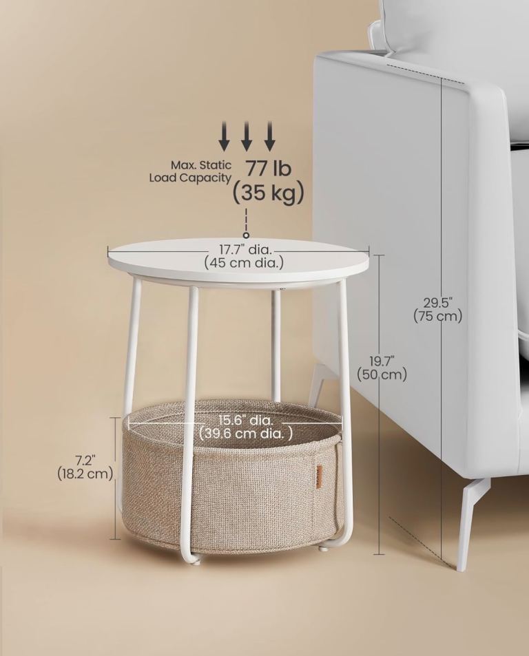 VASAGLE Collection - Side Table, Round End Table with Fabric Basket