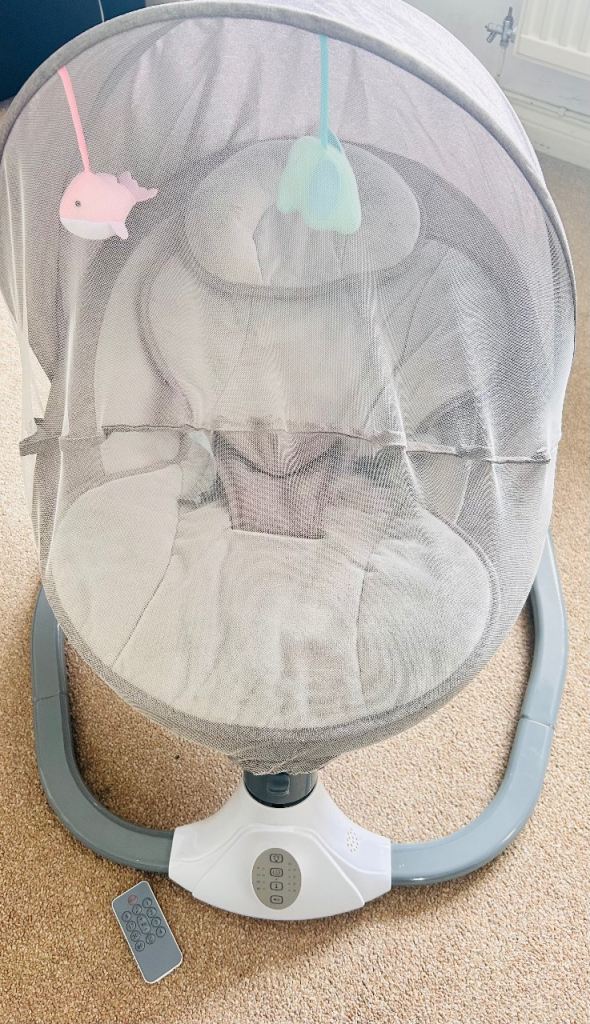 Grey Fabric Baby Swing with Mosquito Net & Remote