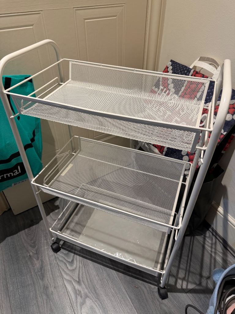 White Metal 3-Tier Storage Trolley on Wheels – Good Condition