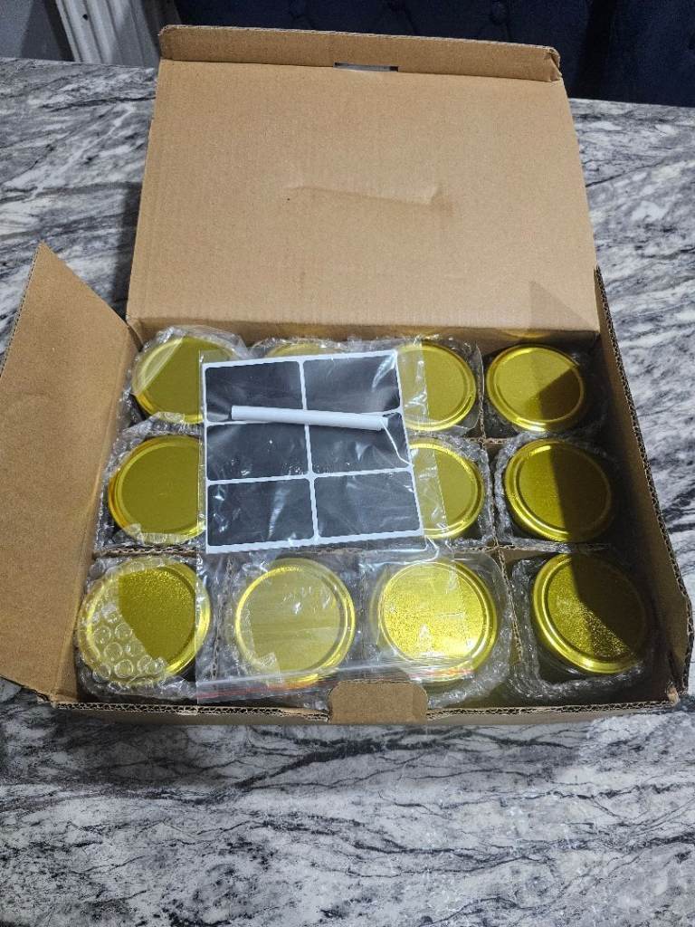 New 350ml Clear Glass Round Jars with Gold Lids – 12 Pack