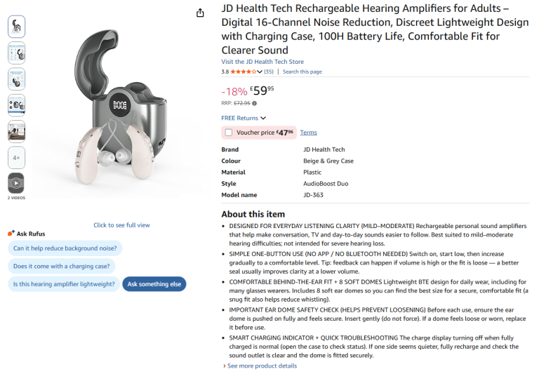 Brand New JD Health Tech Digital Hearing Aid Amplifier - 16-Channel Noise Reduction - Half Price