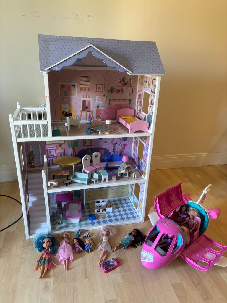 Large Wooden Dolls House with Furniture, Barbie Plane, and Dolls