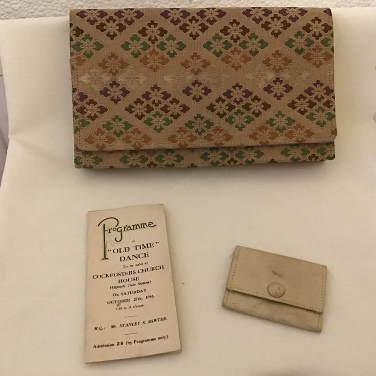 Vintage fabric  1940s clutch/envelope bag w purse and unique dance programme.Silk lined
