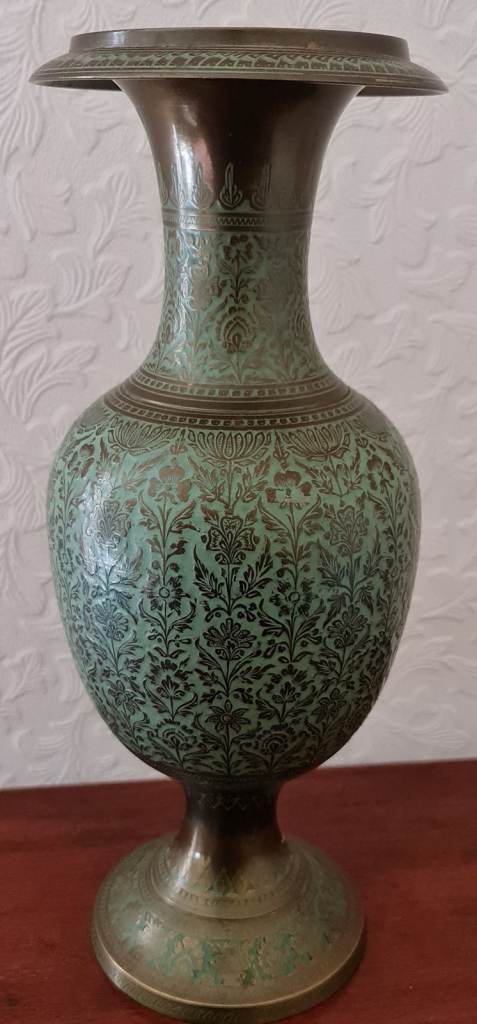 Vintage Niello Green Enamel & Brass Pot Vase