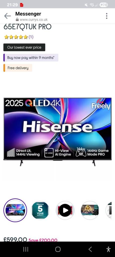 New sealed Hisense qled ultra smart 4k 65inch tv 144hz