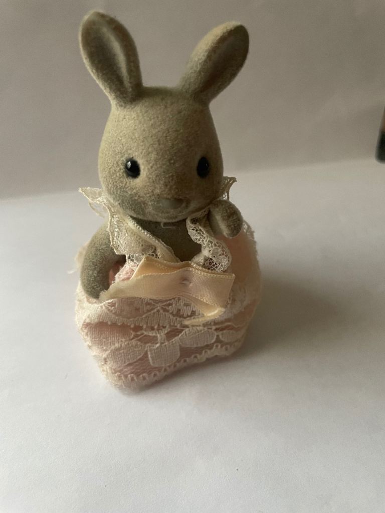 Cute Grey Flocked Bunny Toy with Pink Lace Accessory