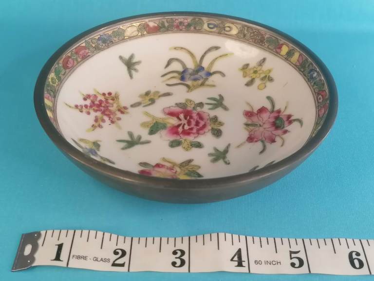 Vintage A.C.F. Japanese  porcelain metal heavy bowl encased in pewter, decorated in Hong Kong.