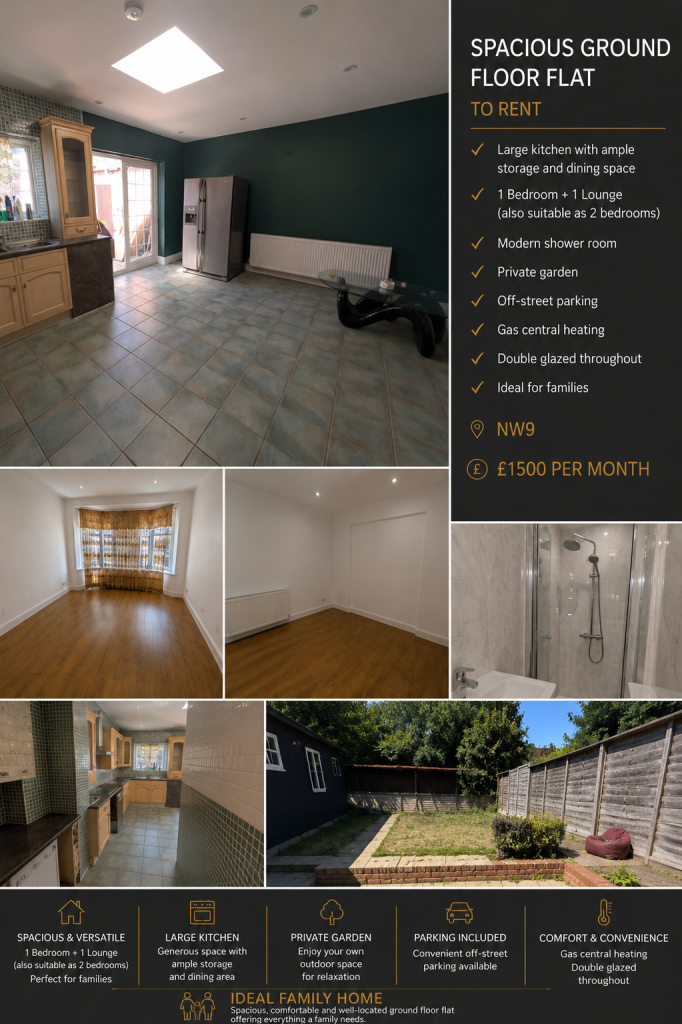 🏡 Spacious Ground Floor Family Flat with Garden & Parking – £1,600 PCM