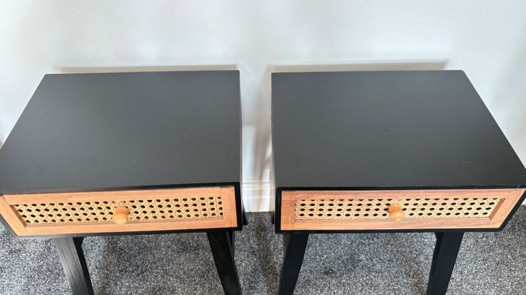 Pair of Black and Wood Bedside Tables with Rattan Drawers