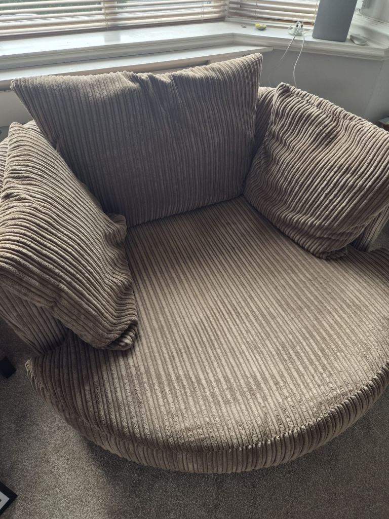 Comfy Brown Fabric Swivel Armchair – Very Good Condition