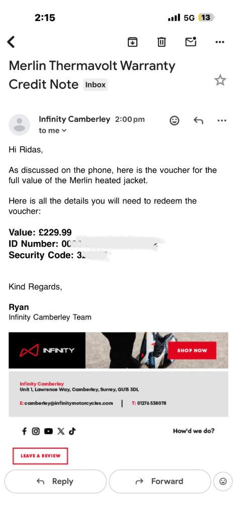 **£229.99 Infinity Motorcycles Store Credit / Voucher – £190 ONO