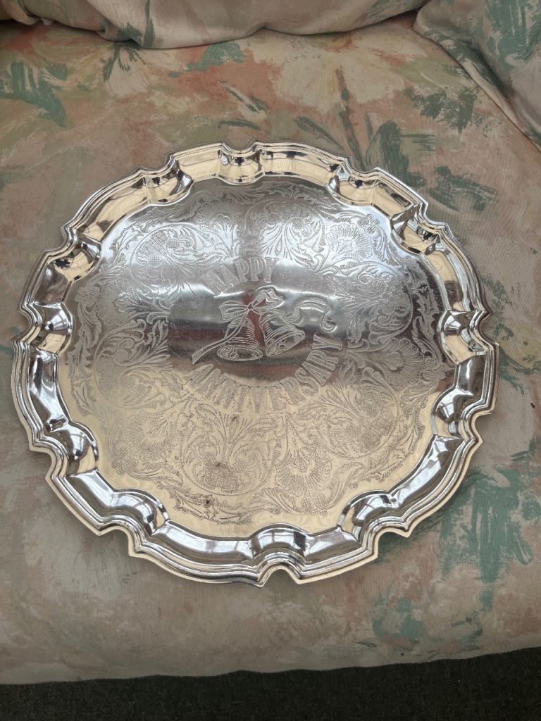 Silver Plated “Happy Anniversary” Engraved Salver – 12.5” (32cm) – Excellent Condition