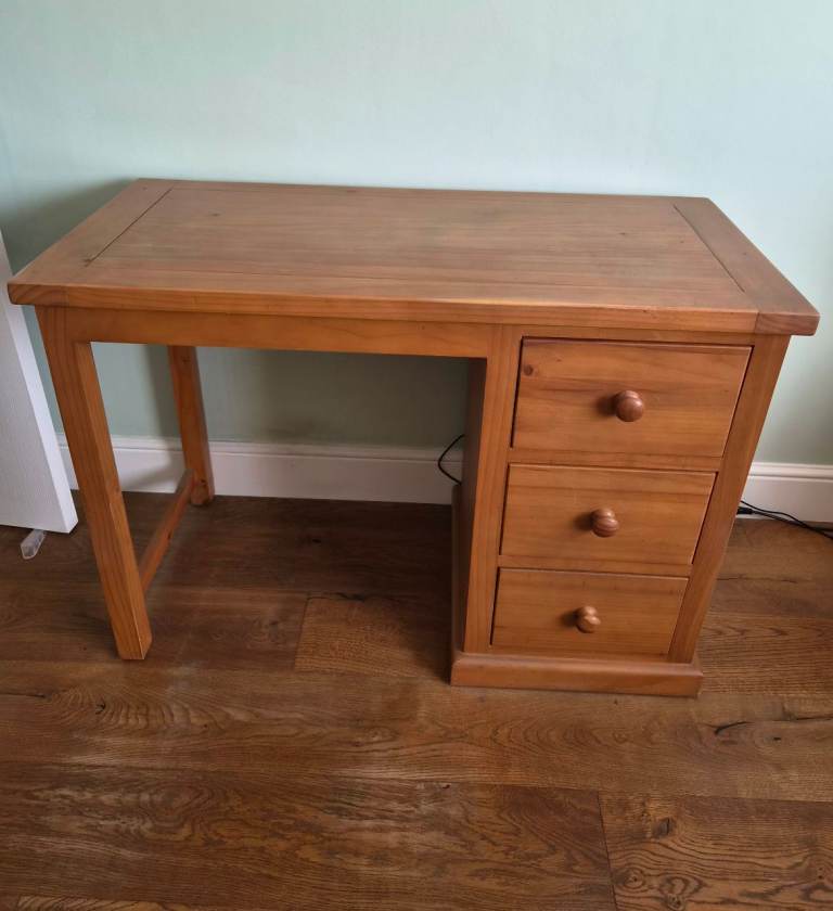 Wooden Pine Desk with 3 Drawers and Black Velvet Chair – Very Good Condition 