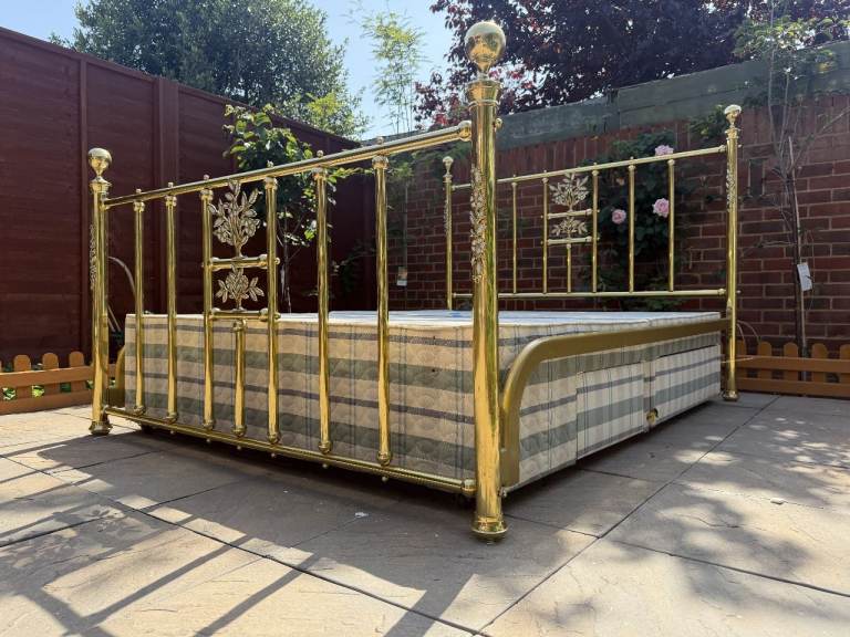 Gorgeous & Distinctive “And So To Bed” Brass & Mother of Pearl King Bed Frame– Great Condition 