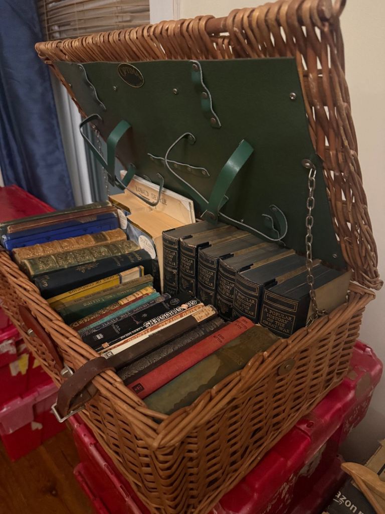 Vintage book collection/display picnic basket 