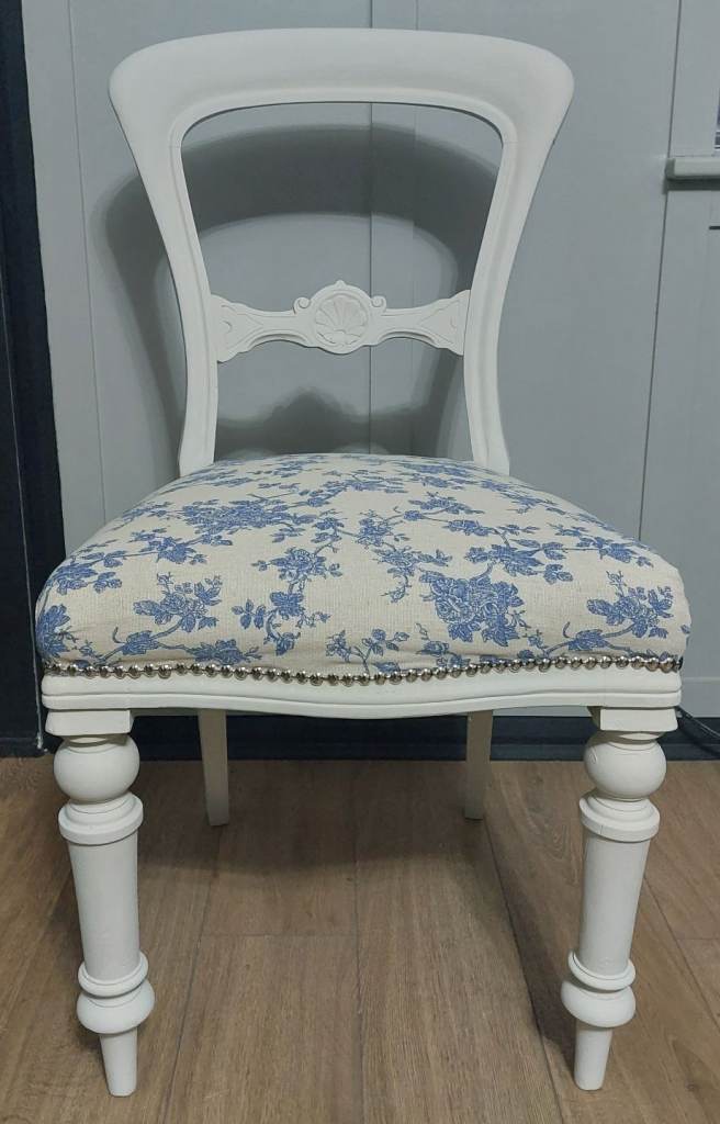 Vintage Style Chairs painted in Farrow and Ball Shaded White and reupholstered in floral fabric.