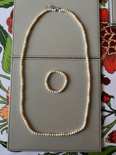 Champagne and White Pearl Sterling Silver set of necklace and wrist band.