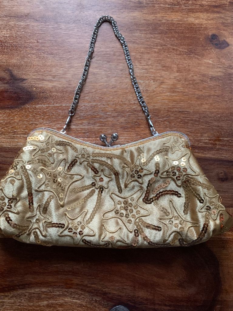 Gold Sequin Clutch Bag with Chain Strap – Good Condition