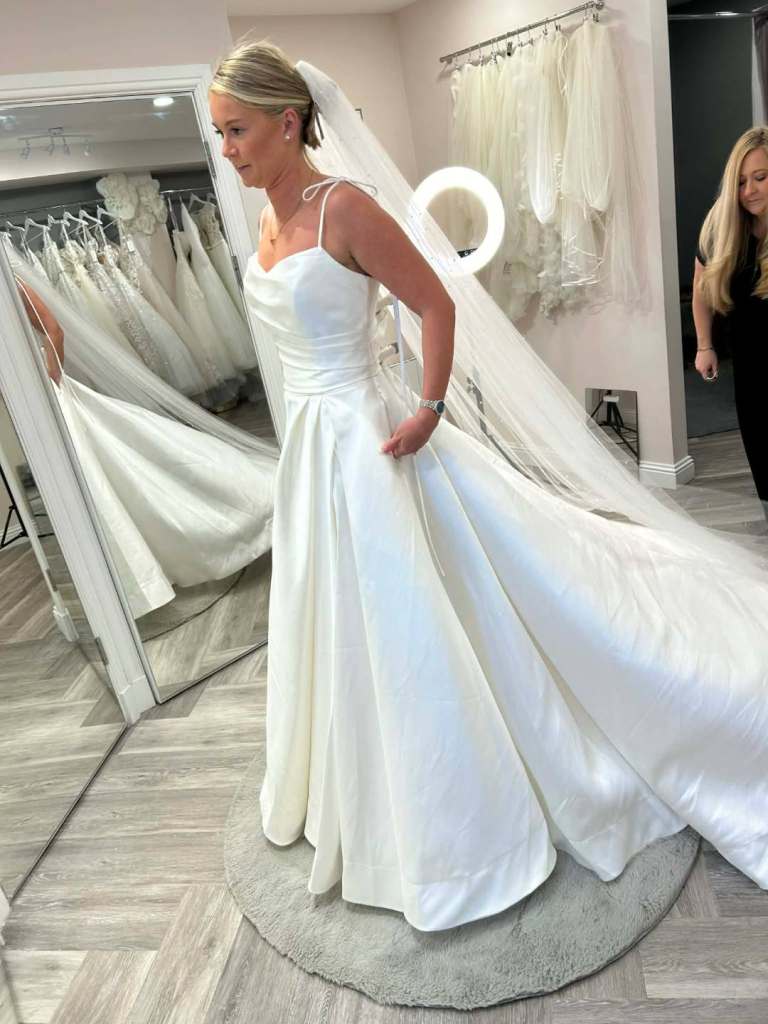 Satin wedding dress.