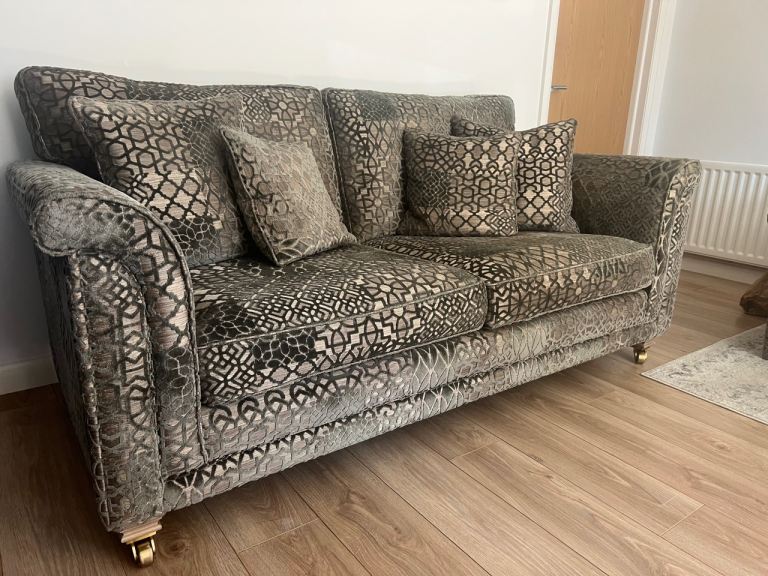 Alstons Fleming 3 seater sofa in a geometric olive/moss green cut velvet 