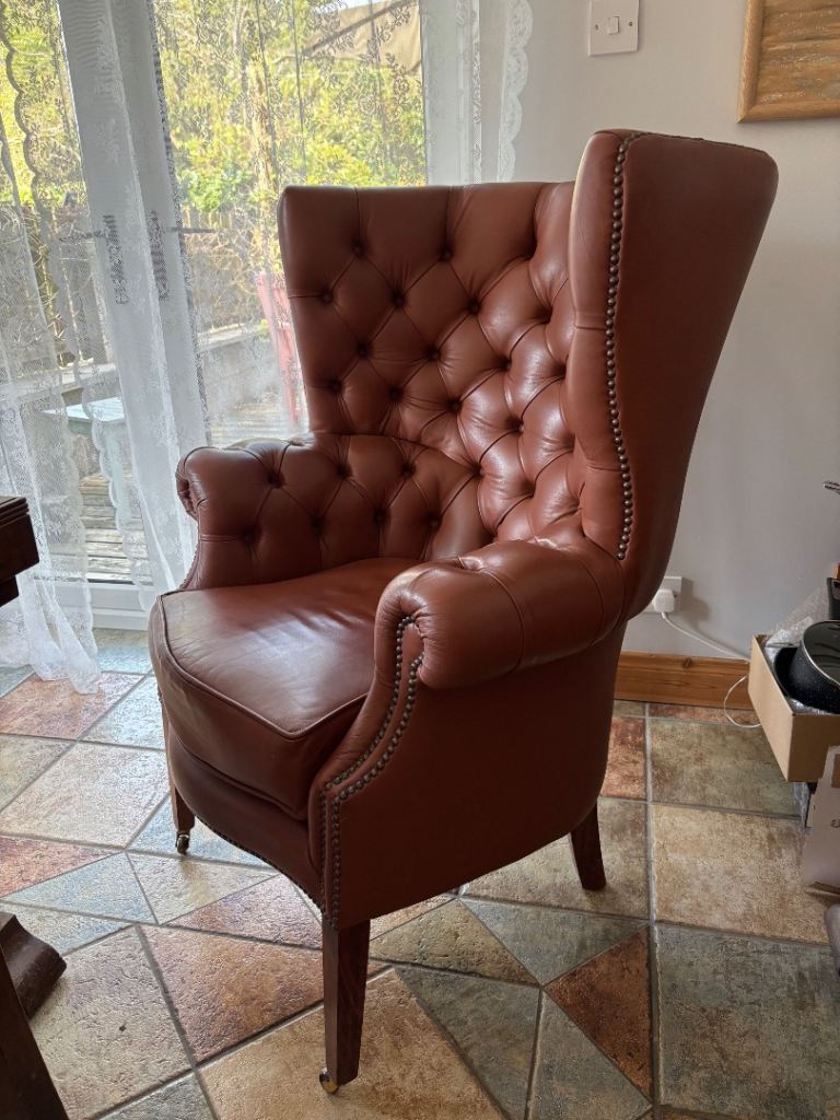 SALE AGREED Classic Brown Leather Chesterfield Armchair – Good Condition