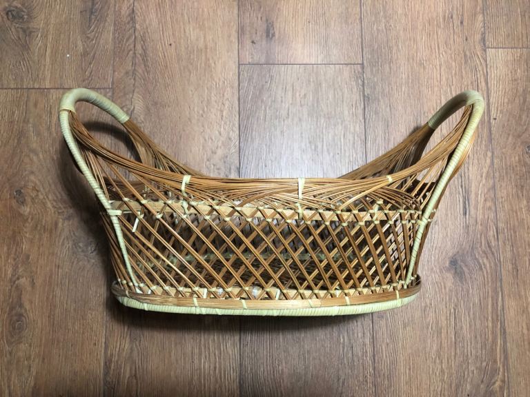 Hamper Basket. Handmade Oval Lattice Wicker with Handles. Display Flowers Fruit Bread.