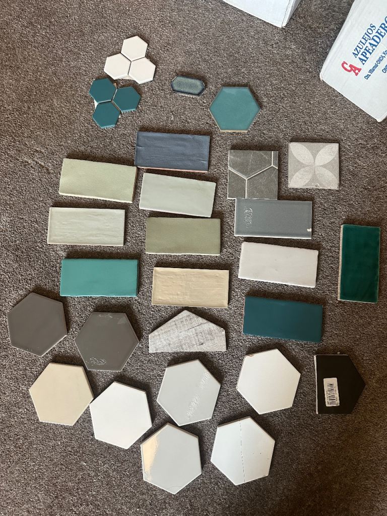 Green and Grey and neutral tile samples 