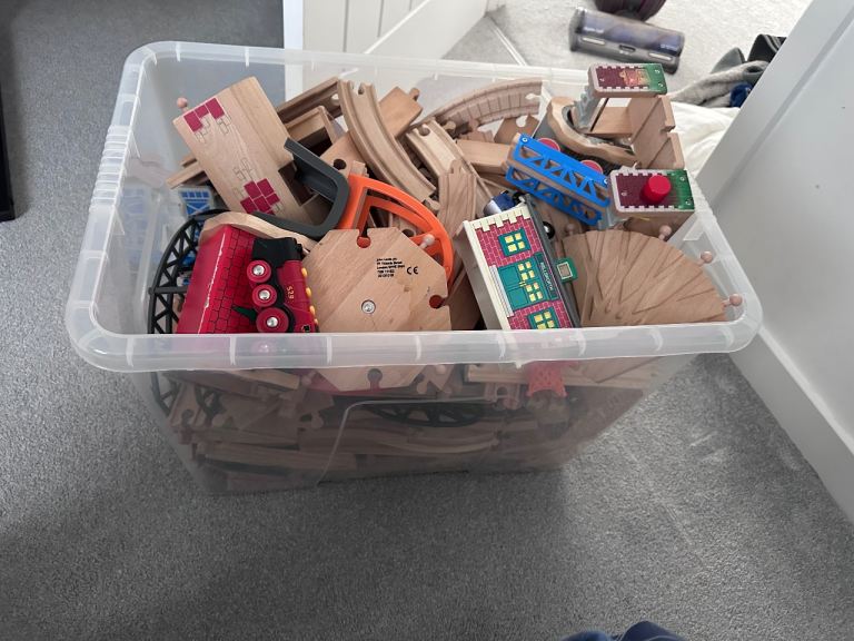 Large Box of Wooden Train Tracks and Accessories