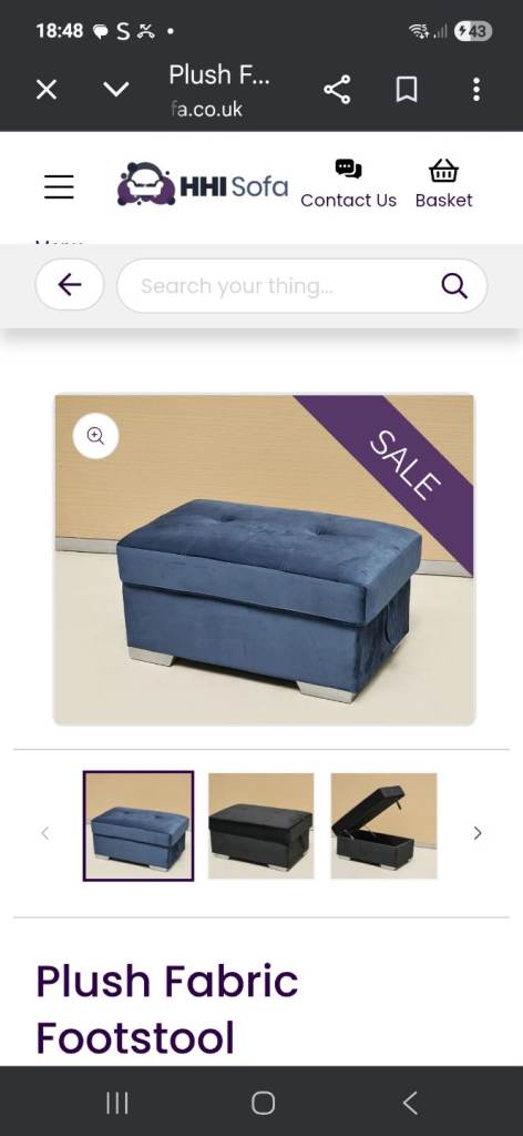Plush blue footstool. Storage