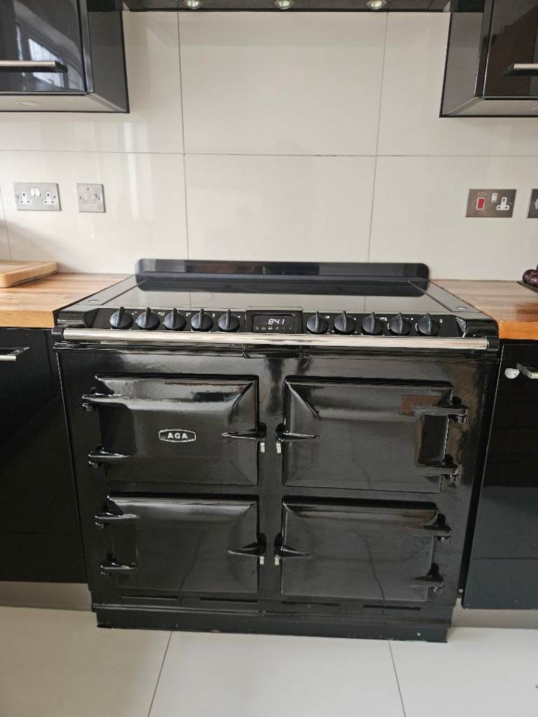 AGA Six-Four (6-4) Conventional Range Cooker in Gloss Black – with Matching AGA Hood