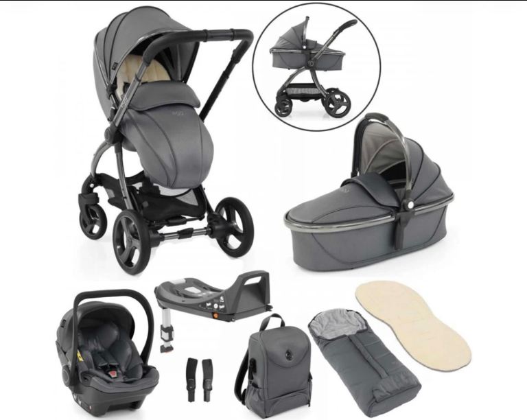 Egg2 Luxury Carrycot, Pushchair, and Car Seat Travel System in Jurassic Grey