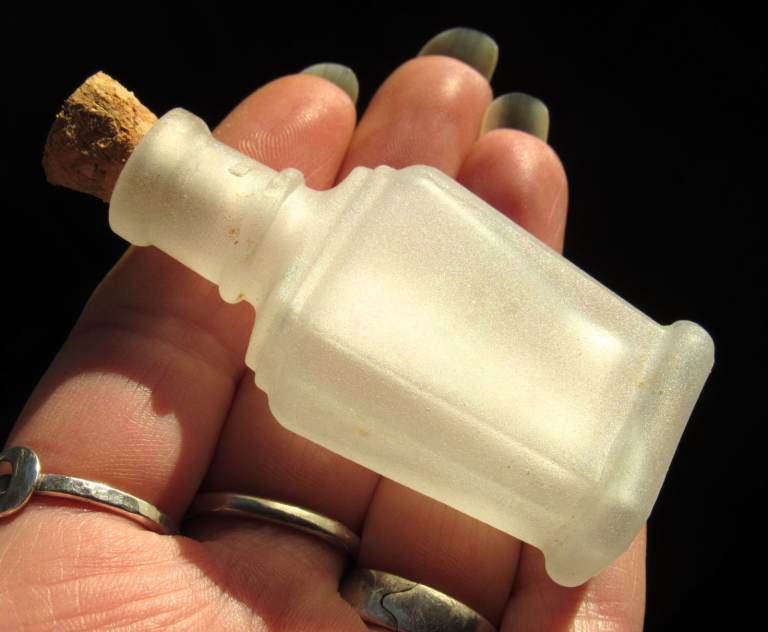 Vintage Frosted Glass Bottle with Handmade Cork Miniature Antique Upcycled Gift