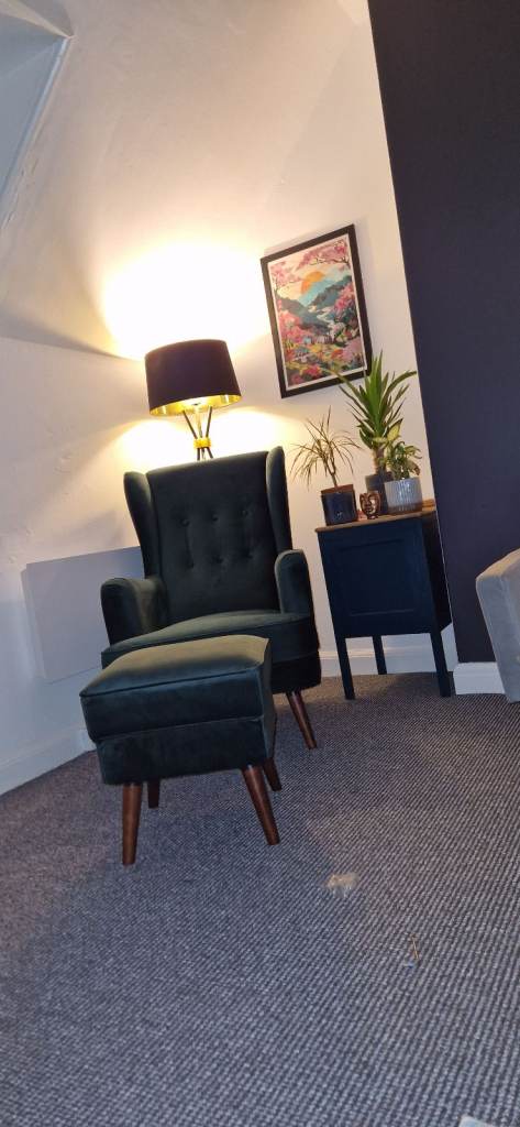 Peacock velvet Armchair with matching footstool 