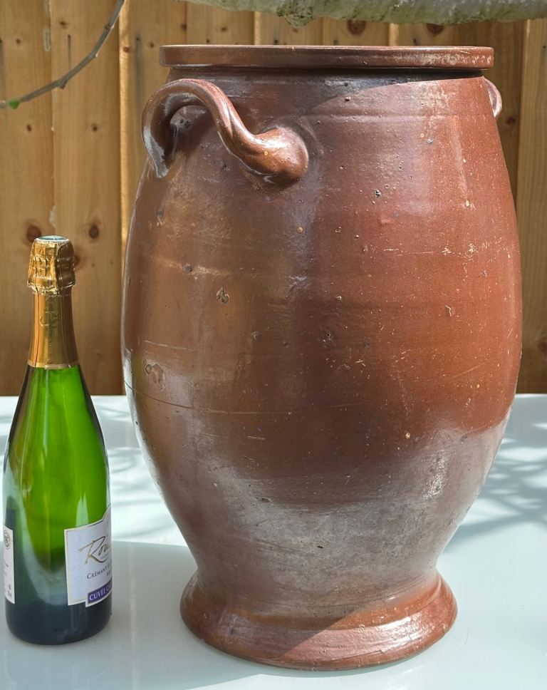 LARGE ANTIQUE FRENCH STONEWARE PLANTER URN, CONFIT JAR POT, SALTING JAR - H47cm 7.8kg - WILL POST!