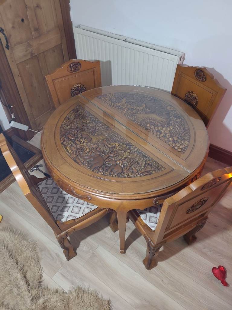 image for Rare Hand-Carved Elephant Dining Set – Extendable Table + 6 Individually Designed Chairs – Kent, UK