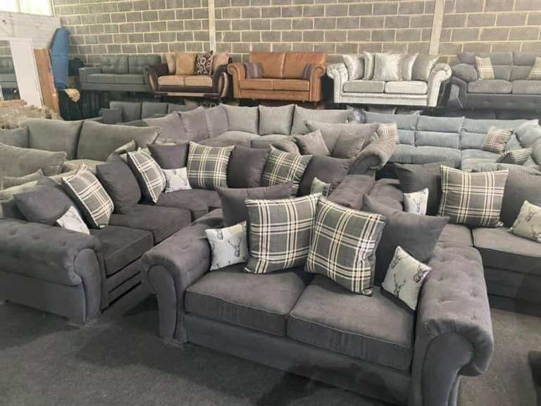 New Grey Fabric Corner Sofa with Plaid Cushions