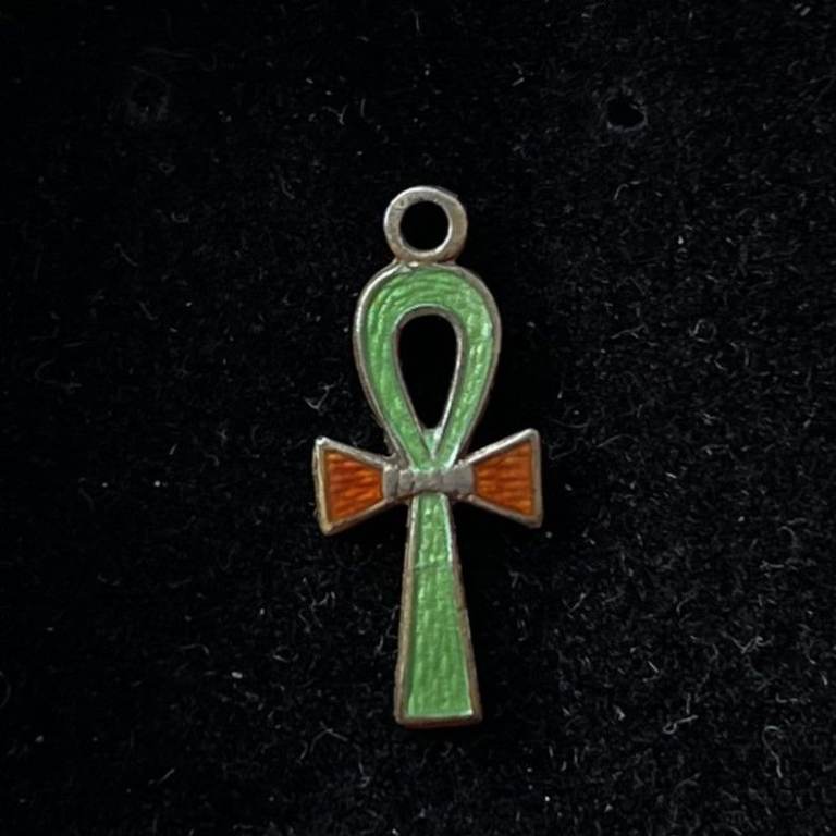 Ankh cross, green/rust enamel front, bronze-coloured metal reverse pendant/charm.  CAN POST