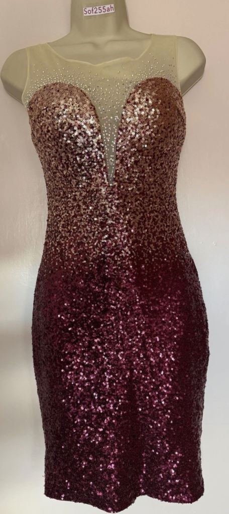 Kalinnu Burgundy Ombre Sequin Bodycon Mini Dress Size L (approx UK 8)