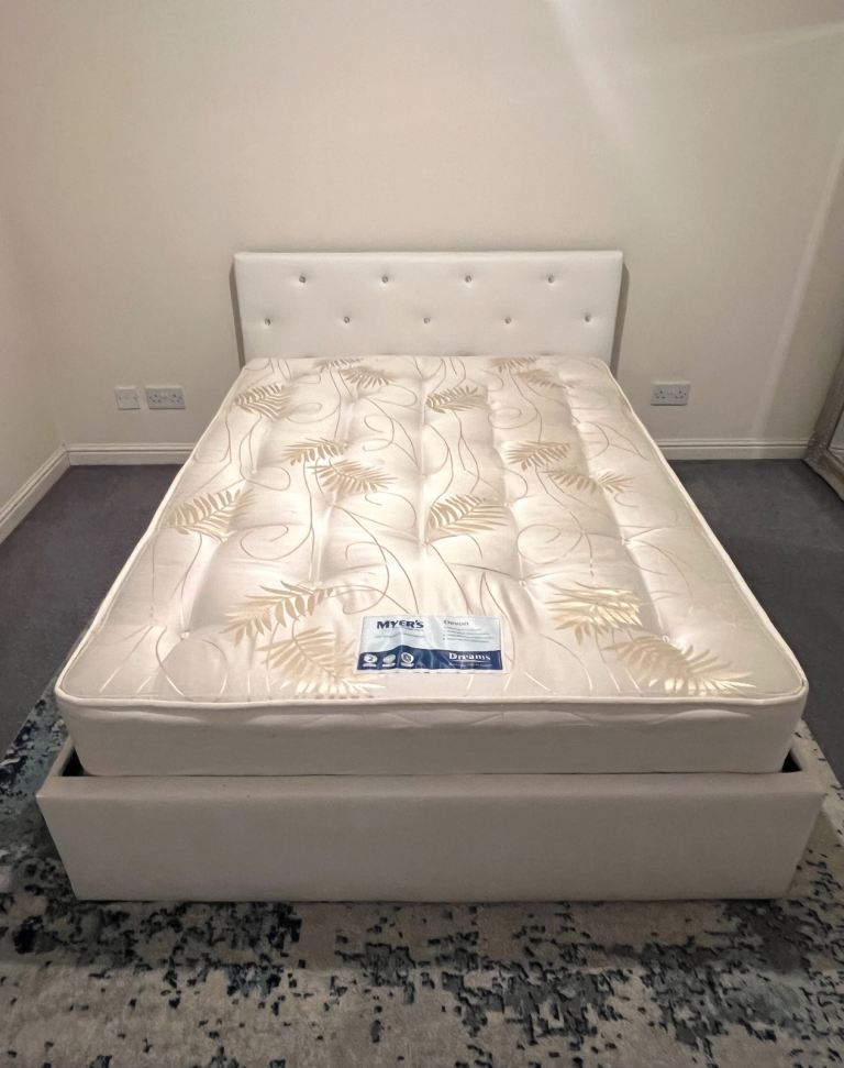 White Faux Leather Double Bed with firm Dream’s Mattress & Storage Drawer